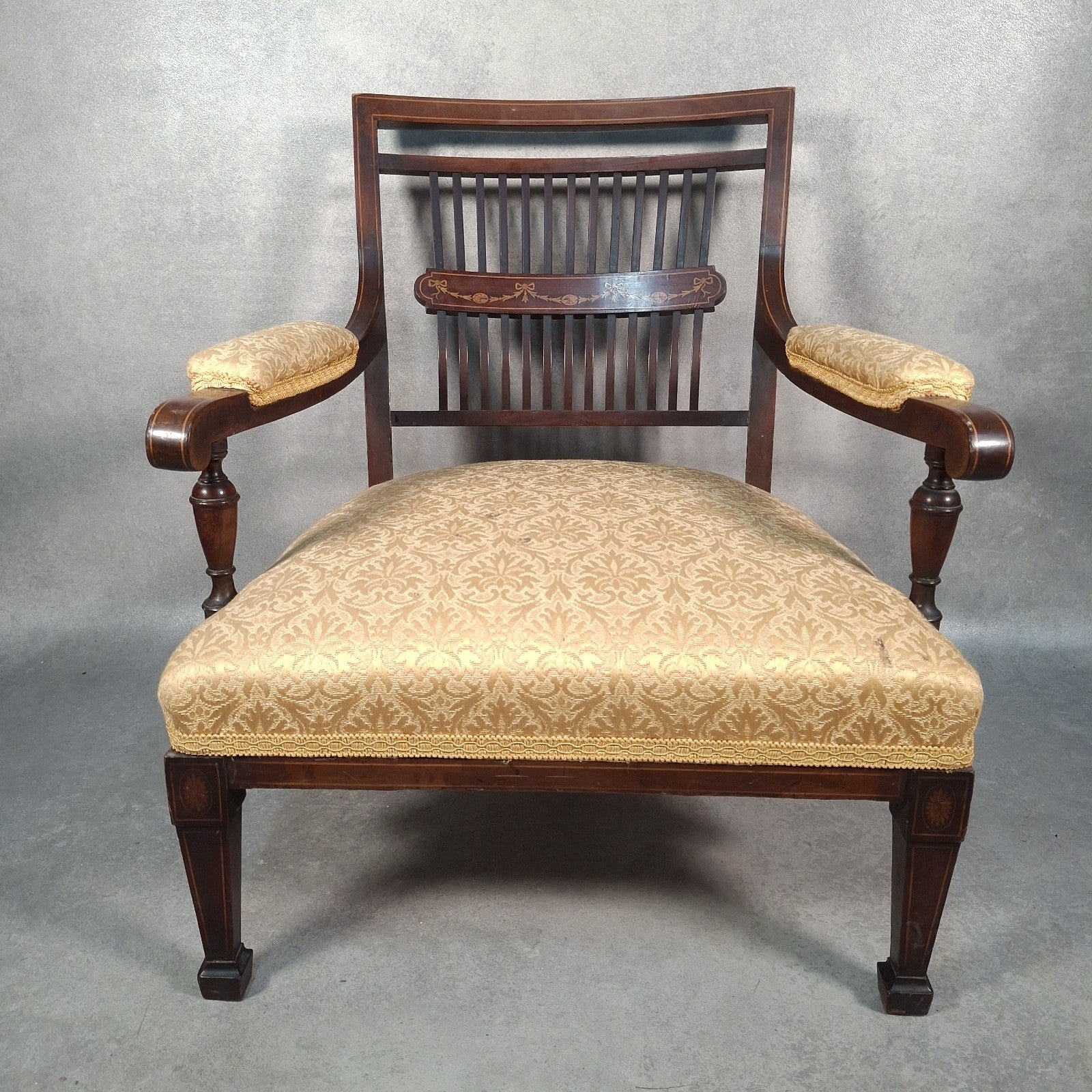Edwardian Mahogany Elbow Armchair | Inlaid Back | Cut-Down Legs | Restoration Project | Used