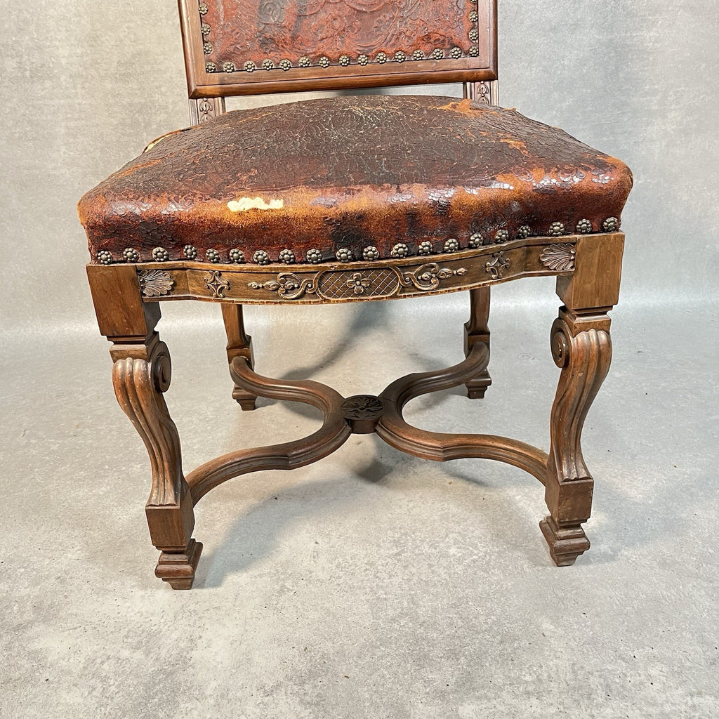 Antique Victorian Renaissance Revival Oak Hall Chair c.1880s Tooled Leather Seat