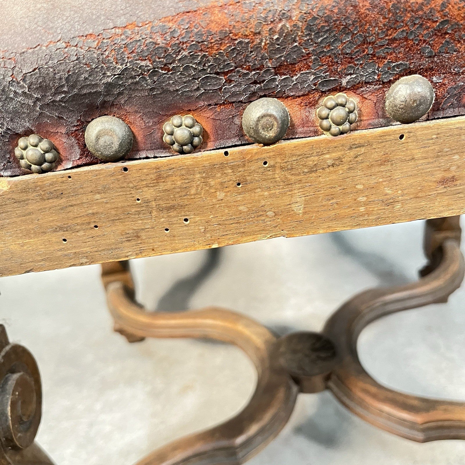 Antique Victorian Renaissance Revival Oak Hall Chair | Tooled Leather Seat & Back | c.1880s | Used