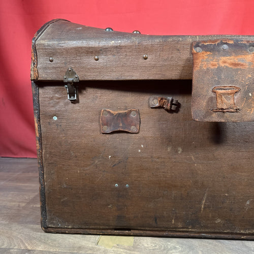 Antique Victorian / Edwardian Large Canvas Dome Top Travelling Trunk - Stencilled Initials, Maker's Badge, Prop