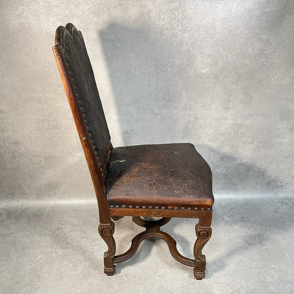 Antique Victorian Renaissance Revival Oak Hall Chair c.1880s Tooled Leather Seat