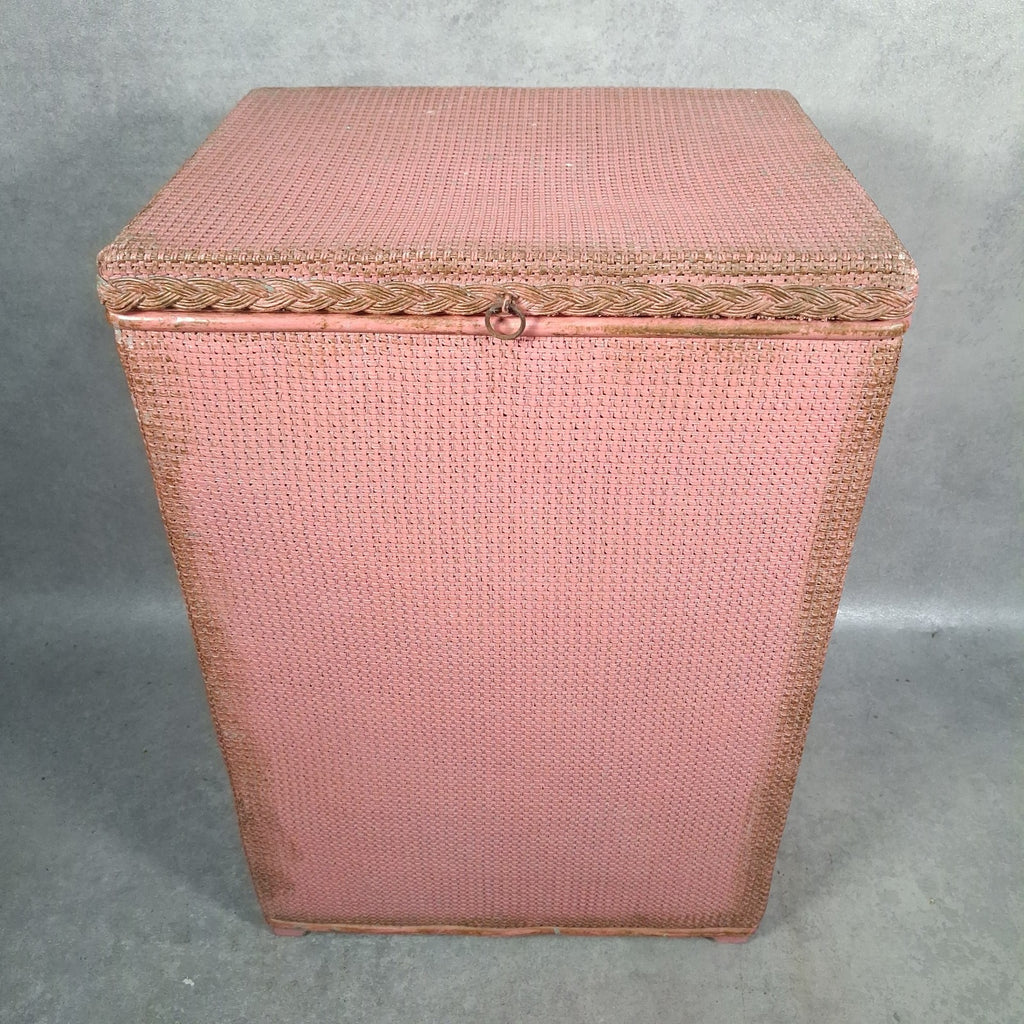 Vintage Pink Lloyd Loom Style Woven Fibre Laundry Basket / Linen Hamper - 1950s, Used, Green Original Colour