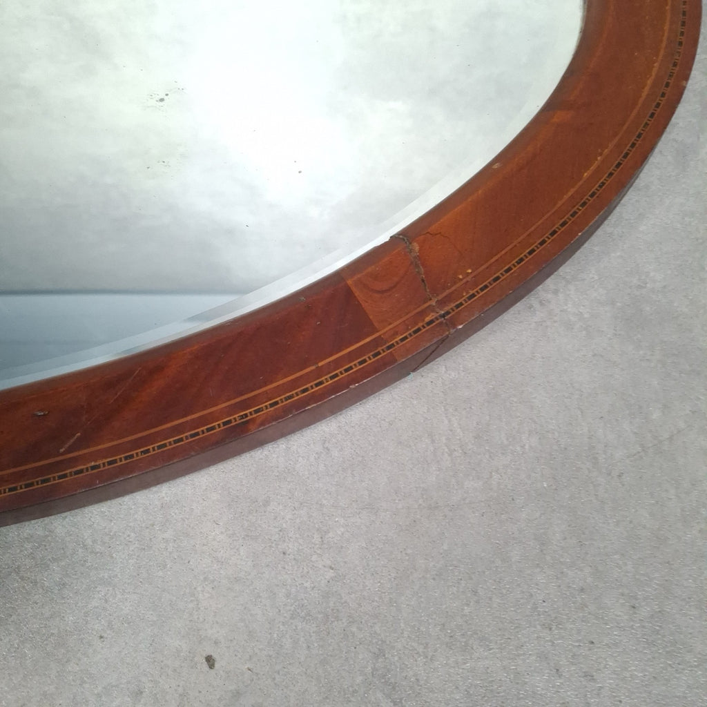 Antique Edwardian Oval Bevelled Wall Mirror | Inlaid Mahogany Frame | c.1900s | 85cm | Used