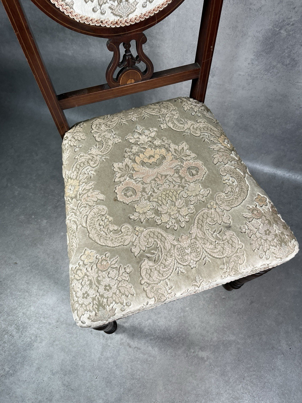 Edwardian Inlaid Mahogany Chair | Satinwood Fan Motif | Floral Upholstery | c.1900 | Antique | Used