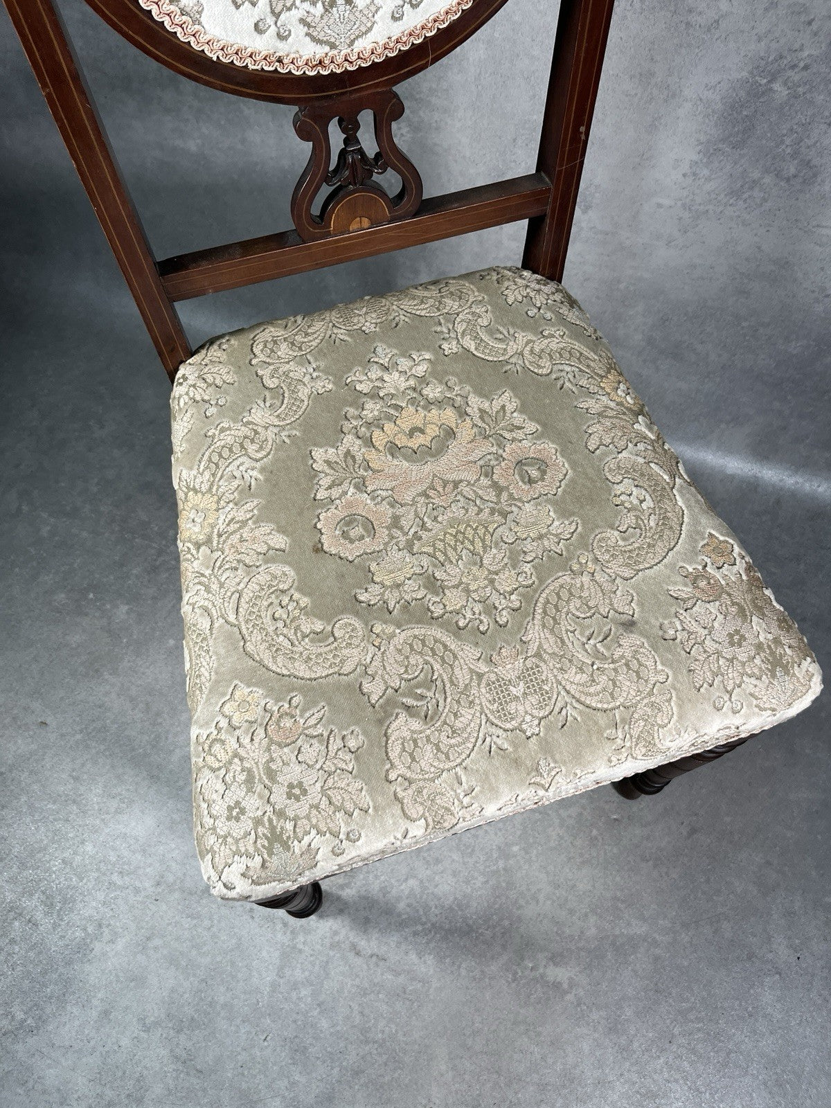 Edwardian Inlaid Mahogany Chair | Satinwood Fan Motif | Floral Upholstery | c.1900 | Antique | Used