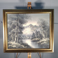 Painting Moody Winter Landscape Woodland Mountain Oil On Canvas Signed Louise