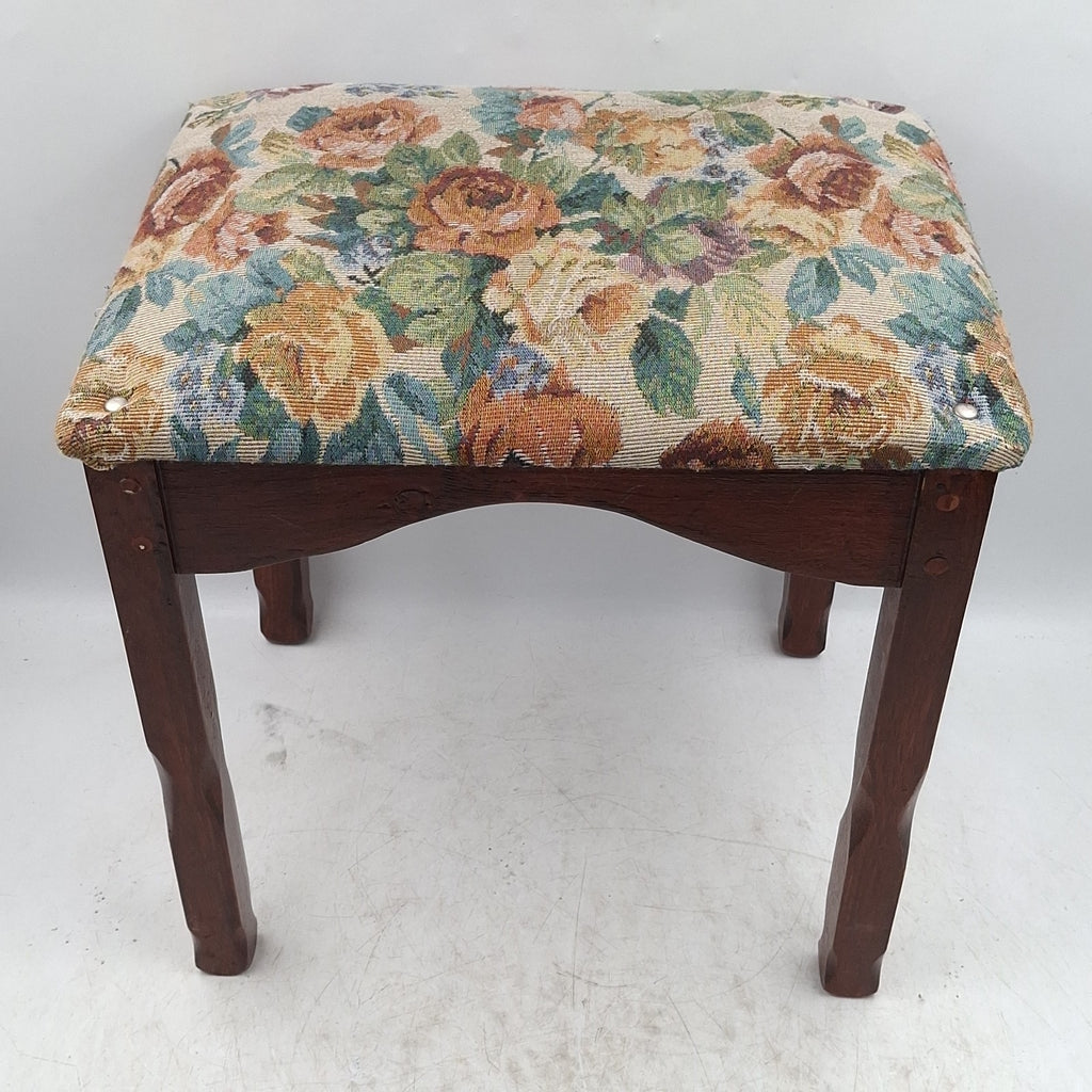 Floral Tapestry Upholstered Mahogany Footstool - Queen Anne Style - Cabriole Legs - Vintage - Pre-Owned