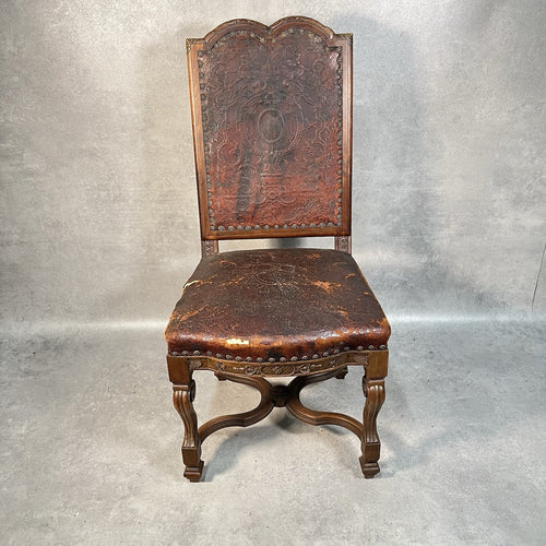 Antique Victorian Renaissance Revival Oak Hall Chair c.1880s Tooled Leather Seat