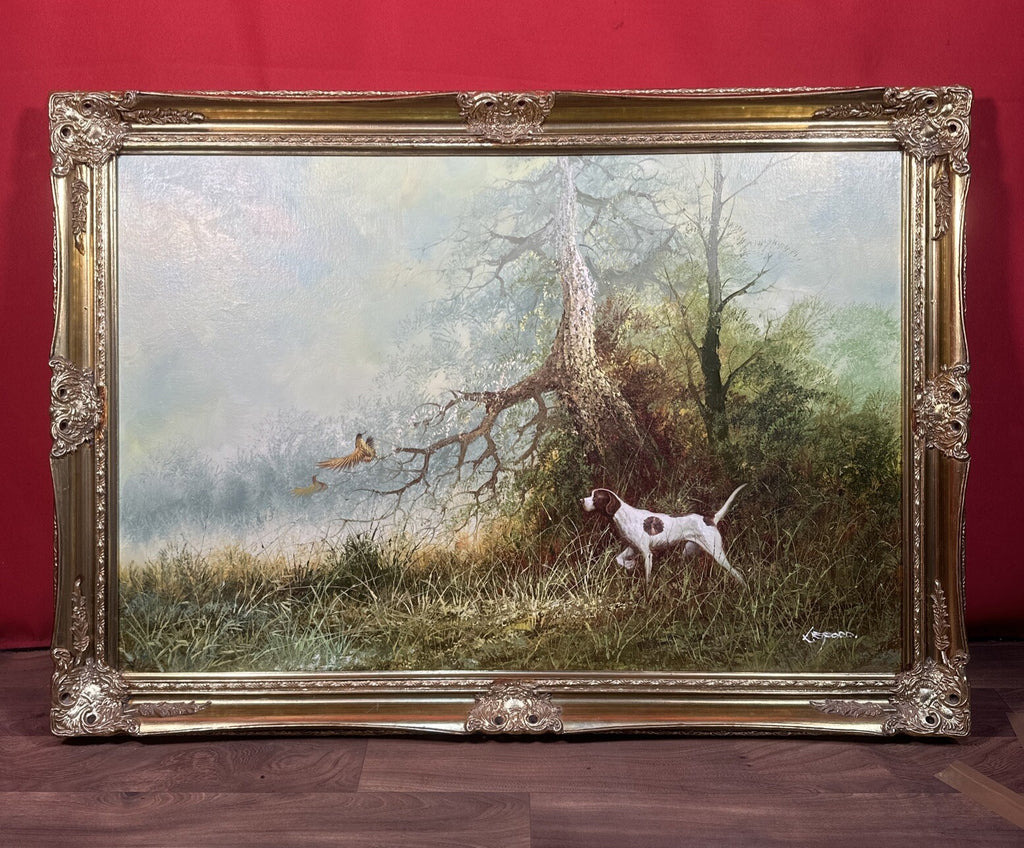 Large Signed Oil on Canvas Hunting Scene | Dog & Pheasants by L. Eiford | Framed | Vintage Art