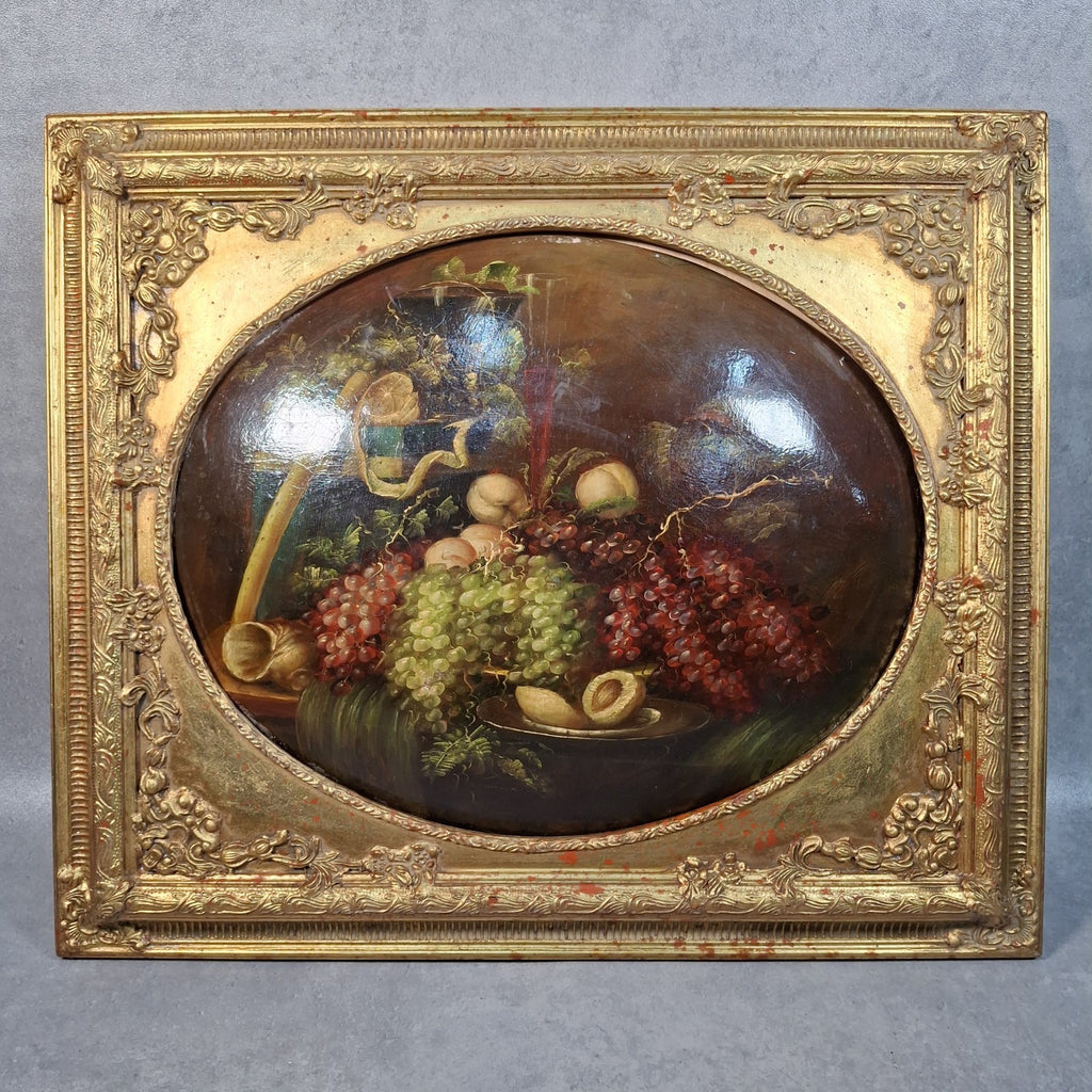 Vintage Continental Still Life Oil Painting | Grapes & Plums | Oval Convex Gilt Frame | Mid-20thC