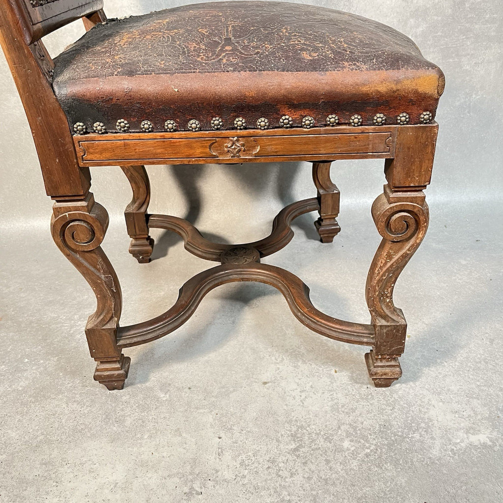 Antique Victorian Renaissance Revival Oak Hall Chair c.1880s Tooled Leather Seat