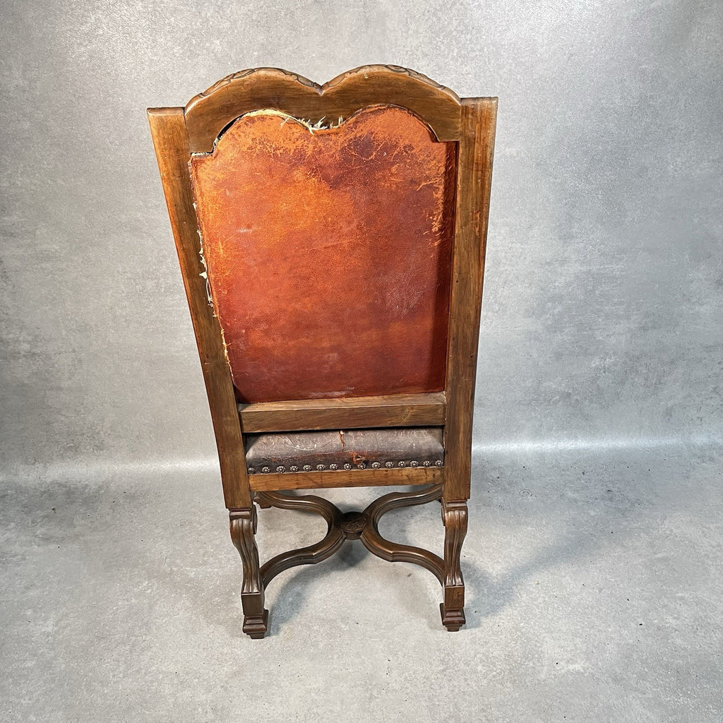 Antique Victorian Renaissance Revival Oak Hall Chair c.1880s Tooled Leather Seat