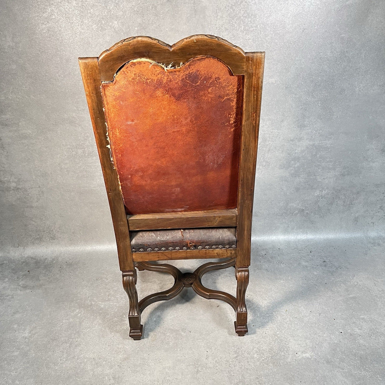 Antique Victorian Renaissance Revival Oak Hall Chair c.1880s Tooled Leather Seat