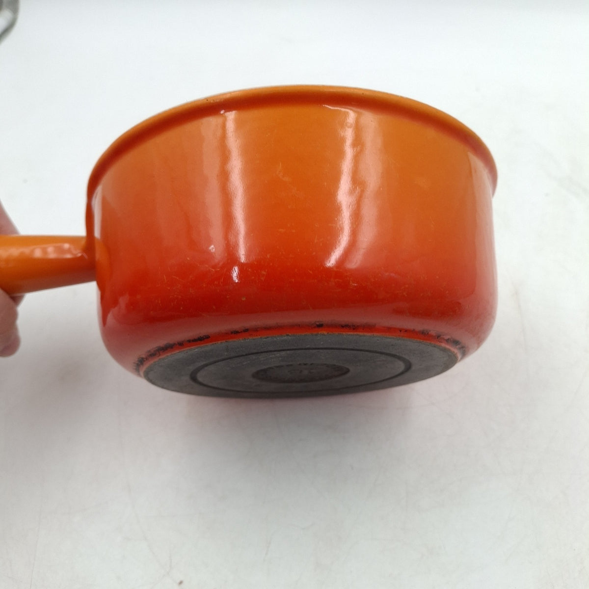 Vintage Cousances 18 Cast Iron Saucepan with Lid - Orange Enamel - Made in France - Used