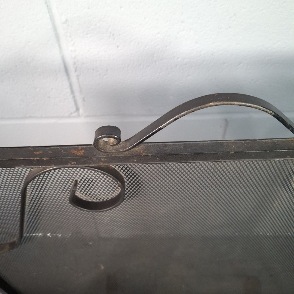 Vintage Wrought Iron Fire Spark Guard Screen with Scroll Decoration – Dark Bronze, 63cm x 58cm | Used