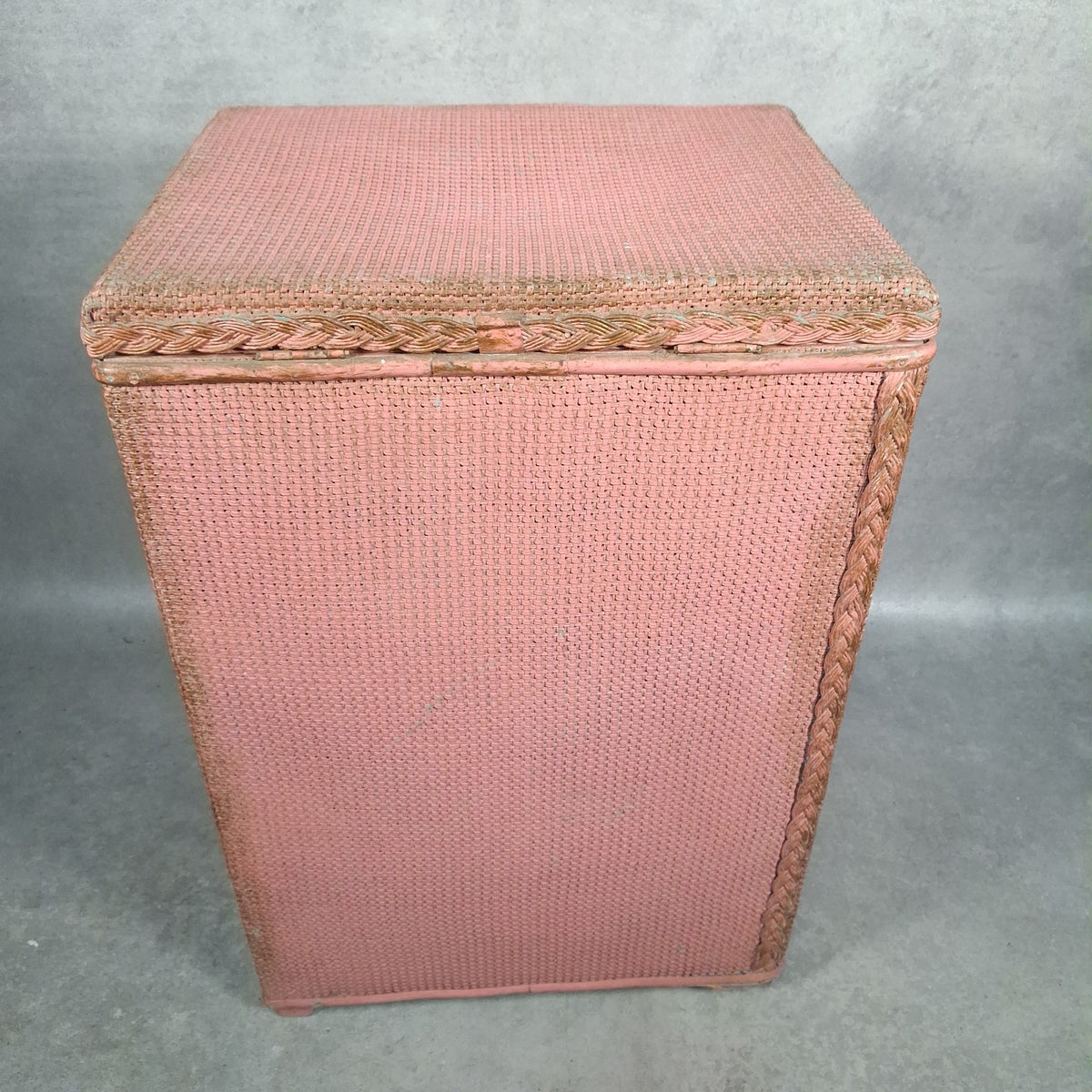 Vintage Pink Lloyd Loom Style Woven Fibre Laundry Basket / Linen Hamper - 1950s, Used, Green Original Colour