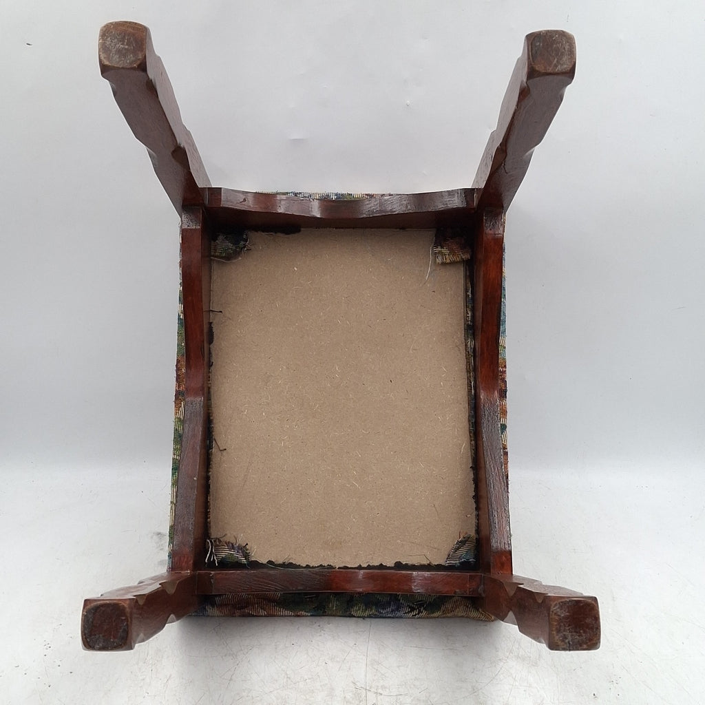 Floral Tapestry Upholstered Mahogany Footstool - Queen Anne Style - Cabriole Legs - Vintage - Pre-Owned