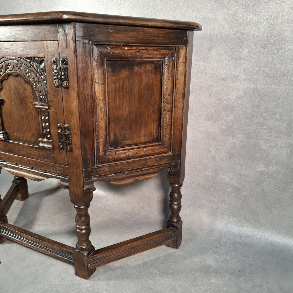 Old Charm Wood Bros Oak Hall Stand Cabinet – Carved Tudor Style Side Cupboard