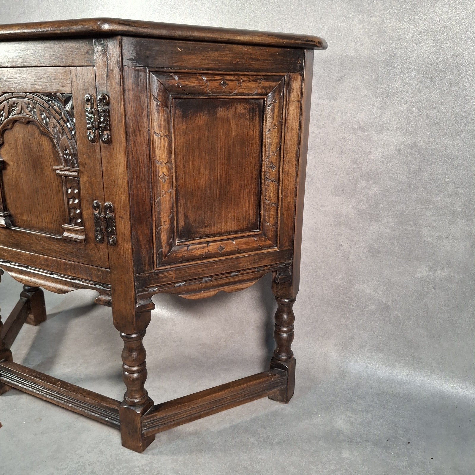 Old Charm Wood Bros Oak Hall Stand Cabinet – Carved Tudor Style Side Cupboard