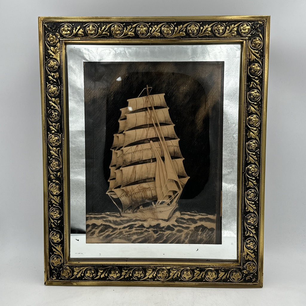 Brass Framed Mirror Carved Wooden Galleon Sail Ship Framed Vintage 47.5 x 57.5cm