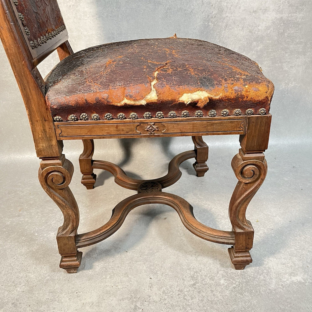 Antique Victorian Renaissance Revival Oak Hall Chair c.1880s Tooled Leather Seat