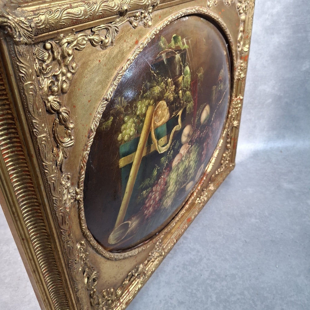Vintage Continental Still Life Oil Painting | Grapes & Plums | Oval Convex Gilt Frame | Mid-20thC