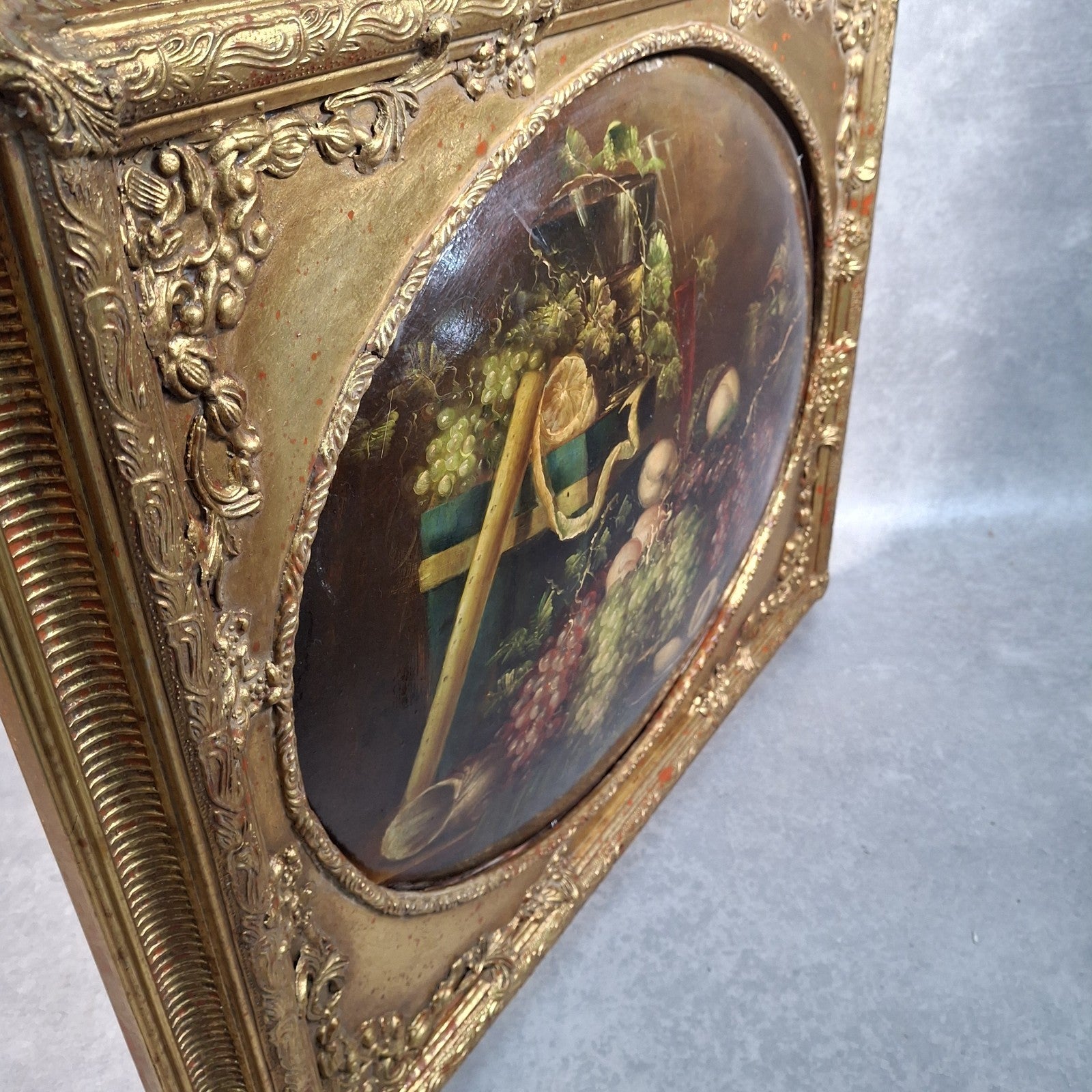 Vintage Continental Still Life Oil Painting | Grapes & Plums | Oval Convex Gilt Frame | Mid-20thC