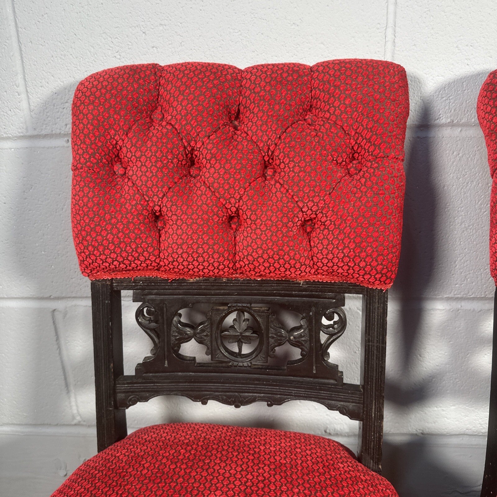 Pair of Antique Carved Nursing Chairs | Black Painted | Red Upholstery | Castors