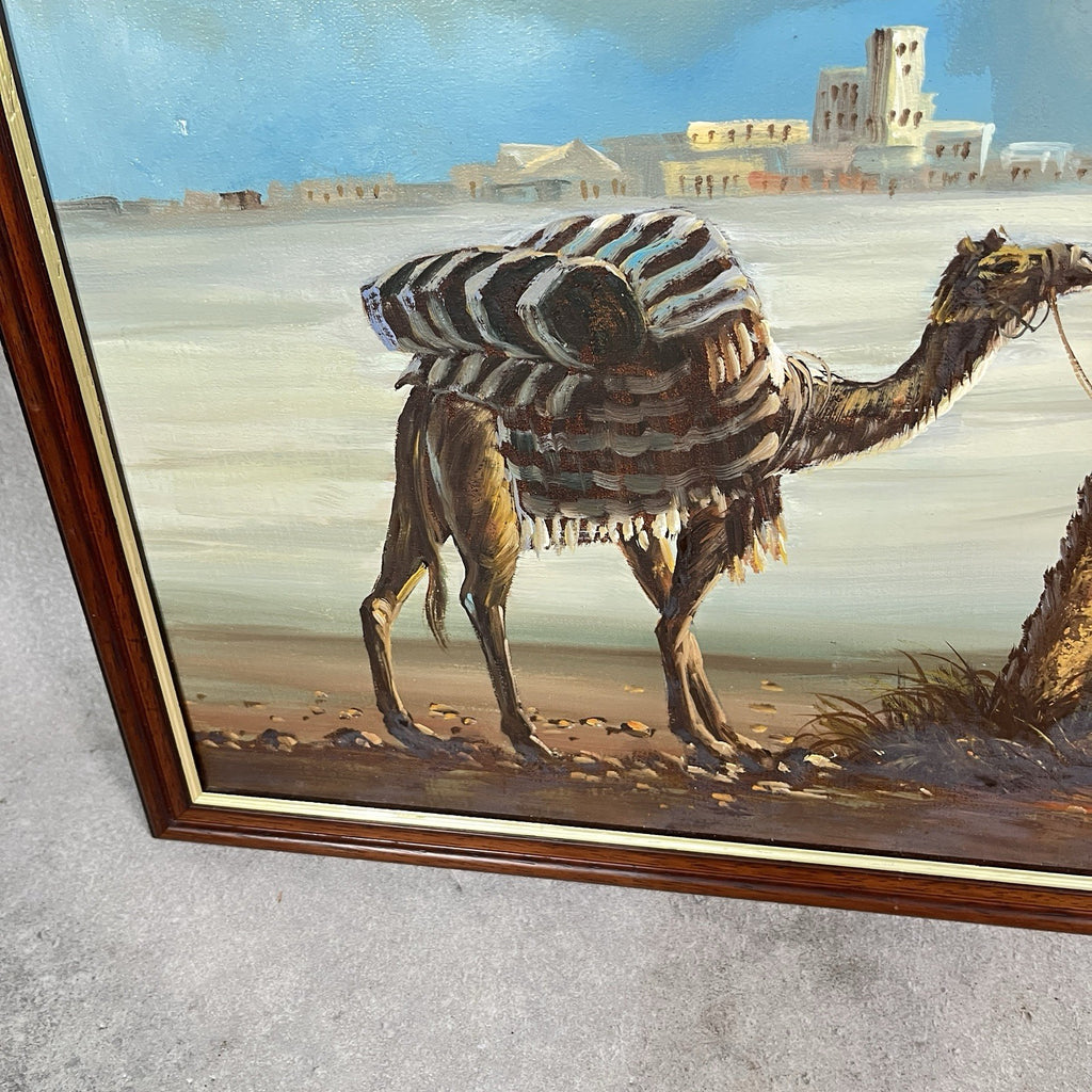 Signed Original Painting on Board | Desert Camel Scene with Travellers | J. Perkins | Framed | Used