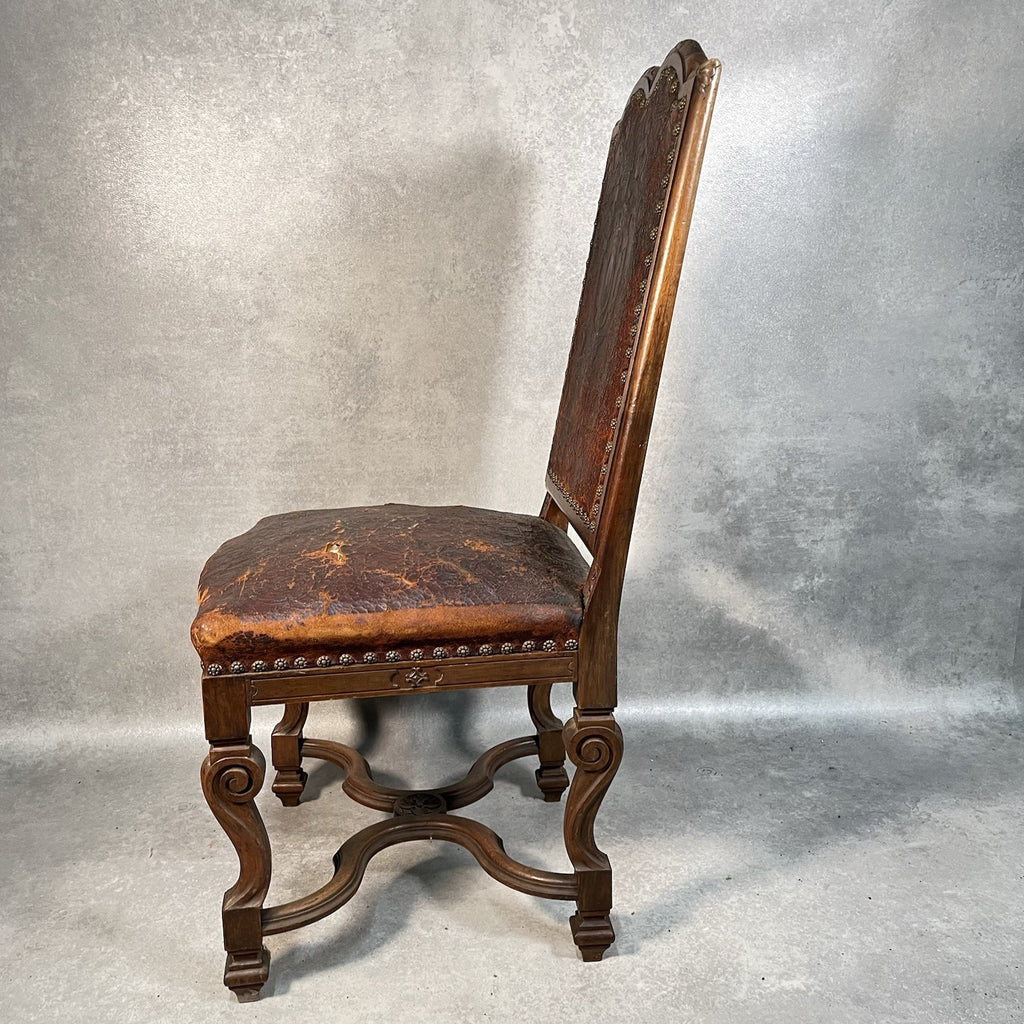 Antique Victorian Renaissance Revival Oak Hall Chair c.1880s Tooled Leather Seat