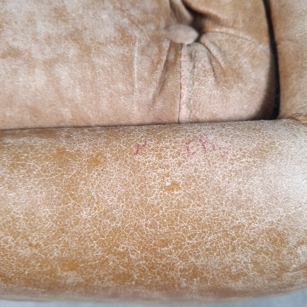 Large Square Tan Leather Chesterfield-Style Footstool | Button Top | Rustic | Used | 72cm