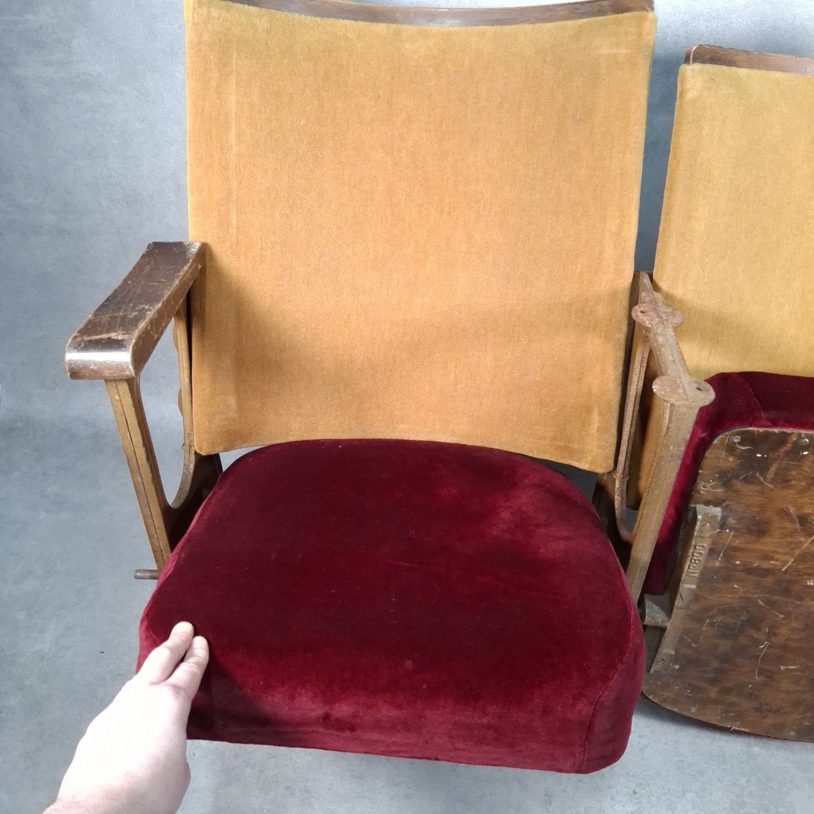 Vintage Art Deco Cinema Theatre Seats | Row of 2 Fold-Up Chairs | Red Fabric | Missing Armrest | Used