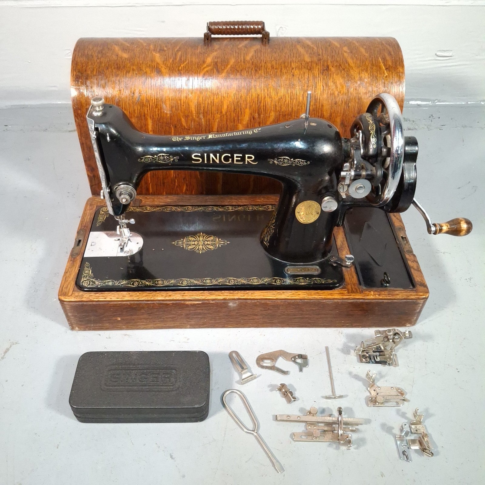 Singer 66K Hand Crank Sewing Machine with Case & Attachments | 1939 | Serial EC340474 | Used