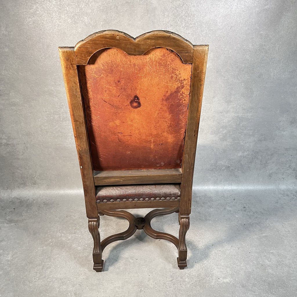 Antique Victorian Renaissance Revival Oak Hall Chair c.1880s Tooled Leather Seat