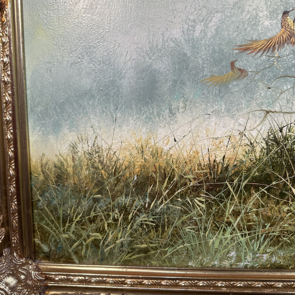 Large Signed Oil on Canvas Hunting Scene | Dog & Pheasants by L. Eiford | Framed | Vintage Art