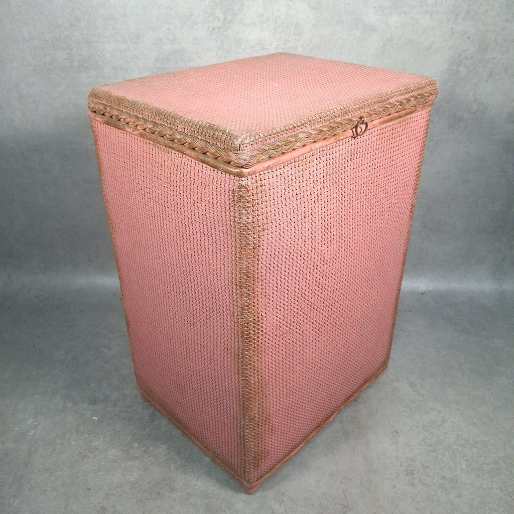 Vintage Pink Lloyd Loom Style Woven Fibre Laundry Basket / Linen Hamper - 1950s, Used, Green Original Colour