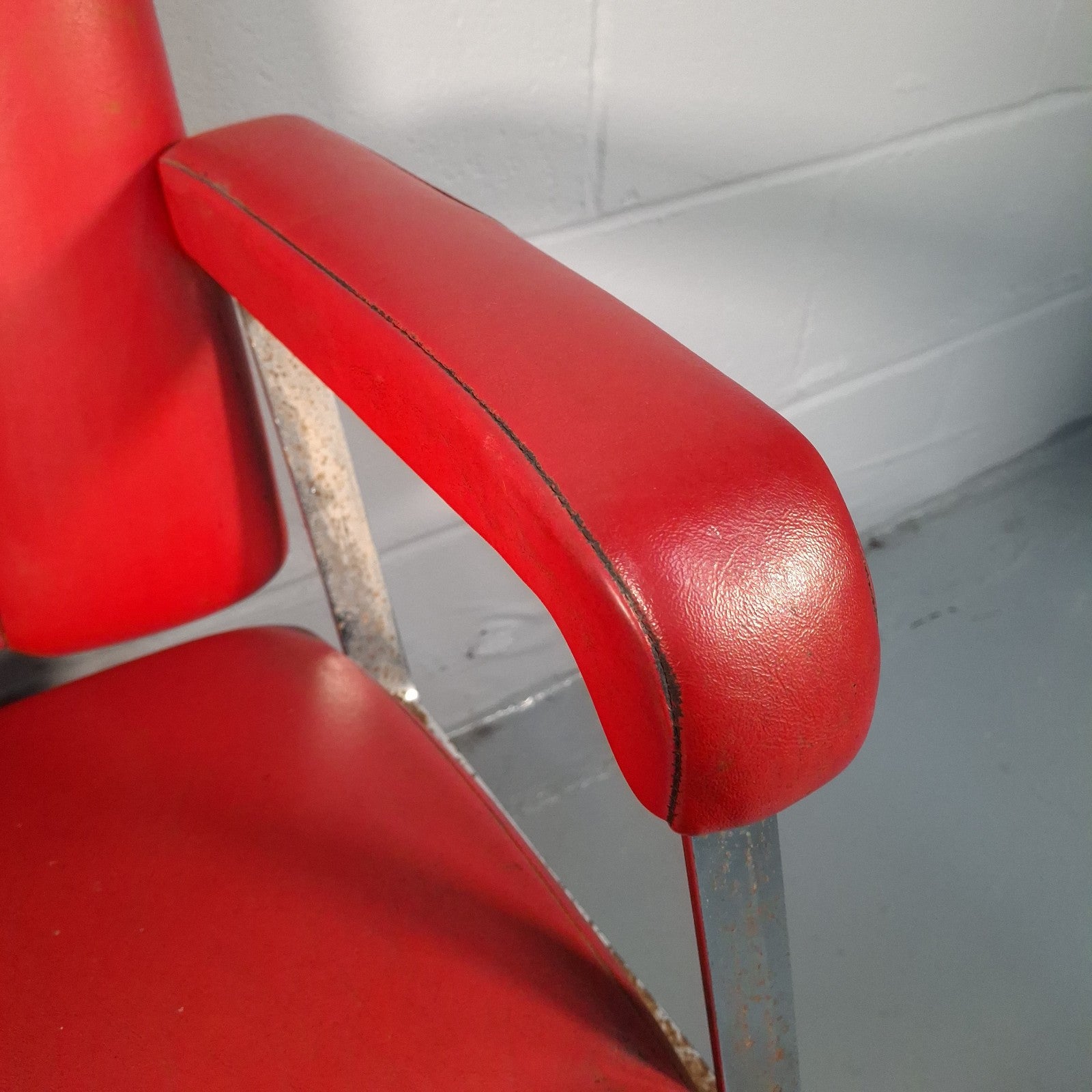 Vintage Red Vinyl Swivel Armchair | Barber Salon Style | Used | Restoration Project