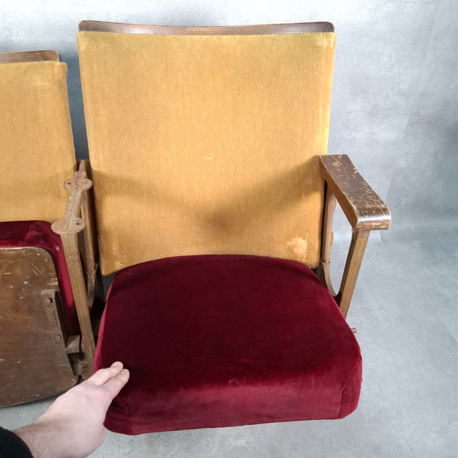 Vintage Art Deco Cinema Theatre Seats | Row of 2 Fold-Up Chairs | Red Fabric | Missing Armrest | Used