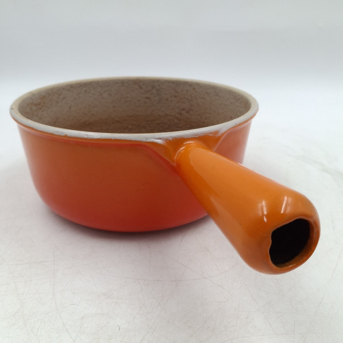 Vintage Cousances 18 Cast Iron Saucepan with Lid - Orange Enamel - Made in France - Used