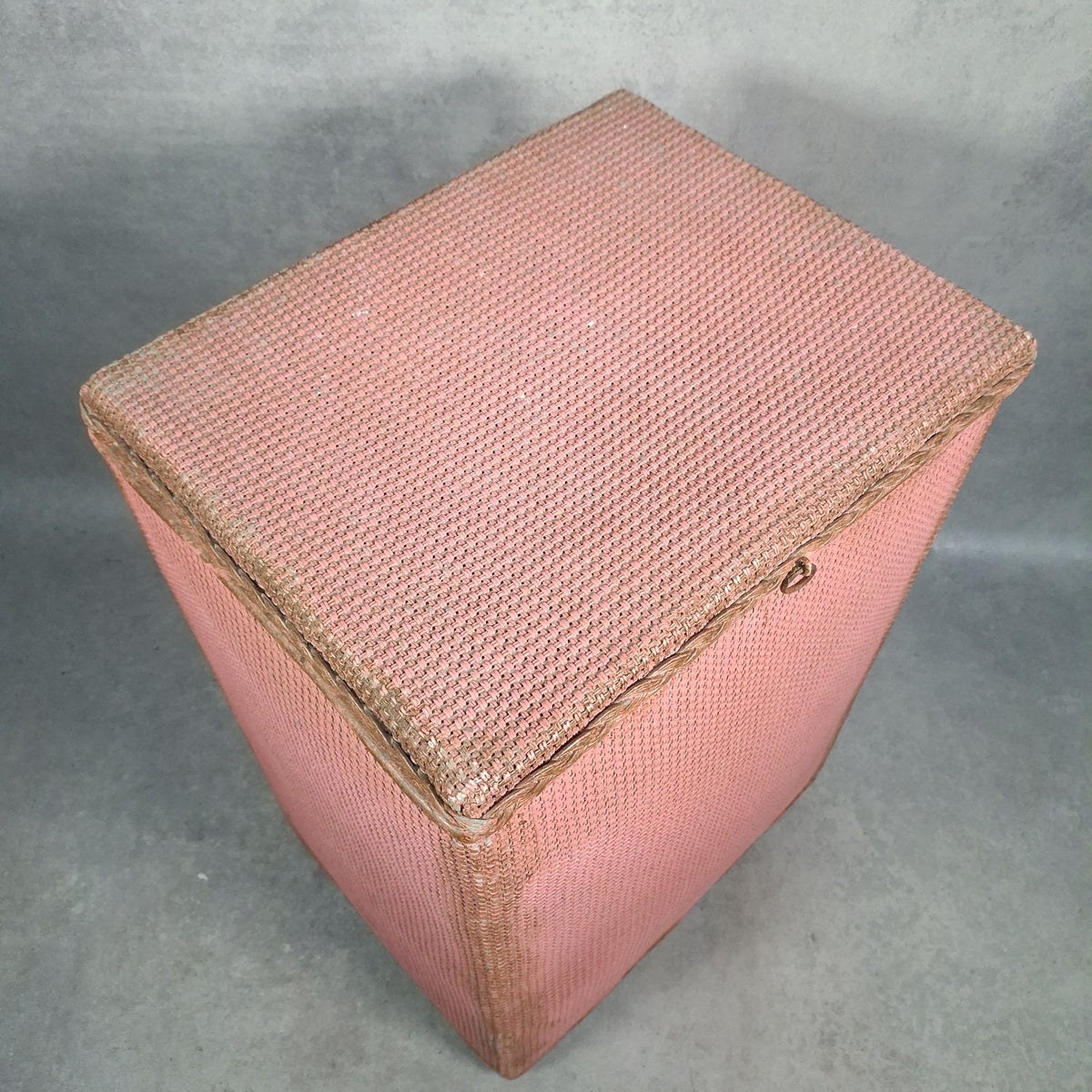Vintage Pink Lloyd Loom Style Woven Fibre Laundry Basket / Linen Hamper - 1950s, Used, Green Original Colour