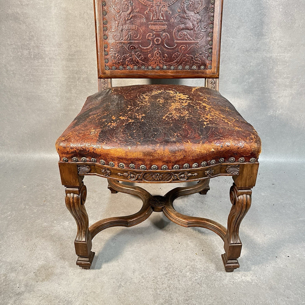 Antique Victorian Renaissance Revival Oak Hall Chair | Tooled Leather Seat & Back | c.1880s | Used