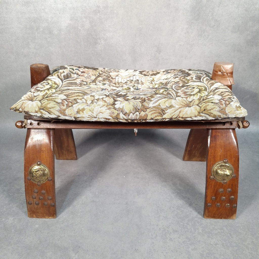 Vintage Egyptian Camel Saddle Foot Stool Cushion Brass Plates