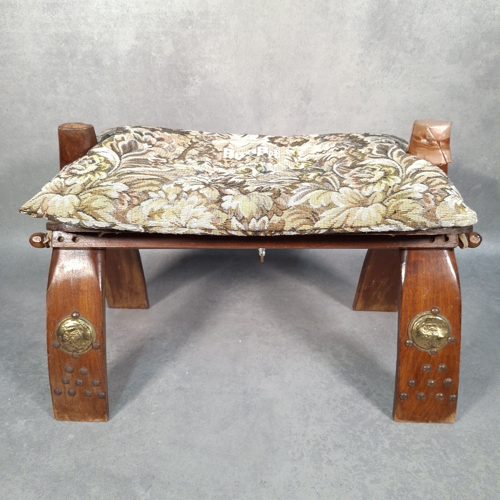Vintage Egyptian Camel Saddle Foot Stool Cushion Brass Plates