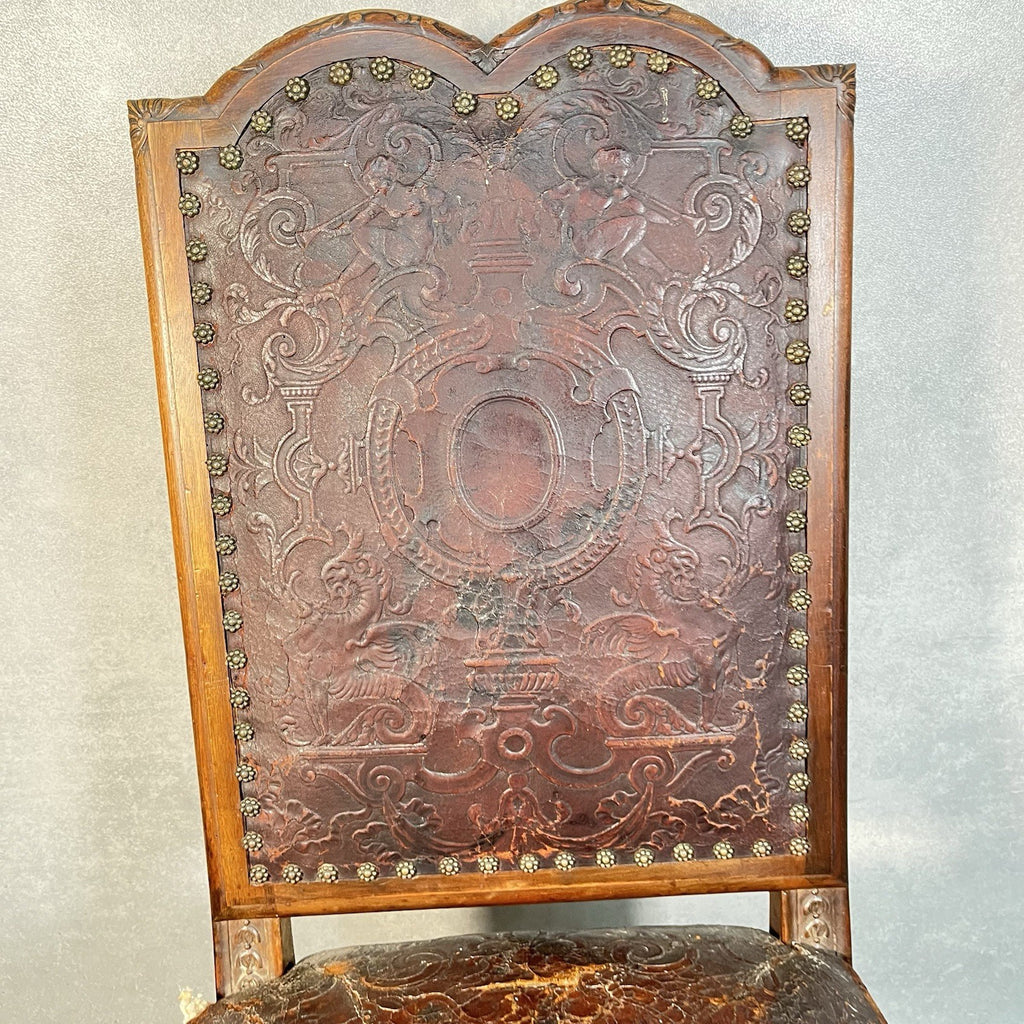 Antique Victorian Renaissance Revival Oak Hall Chair c.1880s Tooled Leather Seat