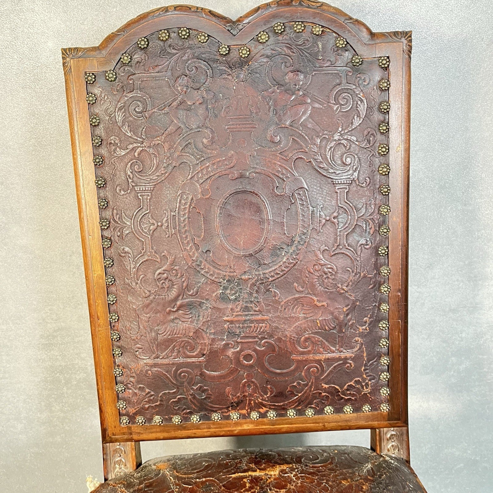 Antique Victorian Renaissance Revival Oak Hall Chair c.1880s Tooled Leather Seat