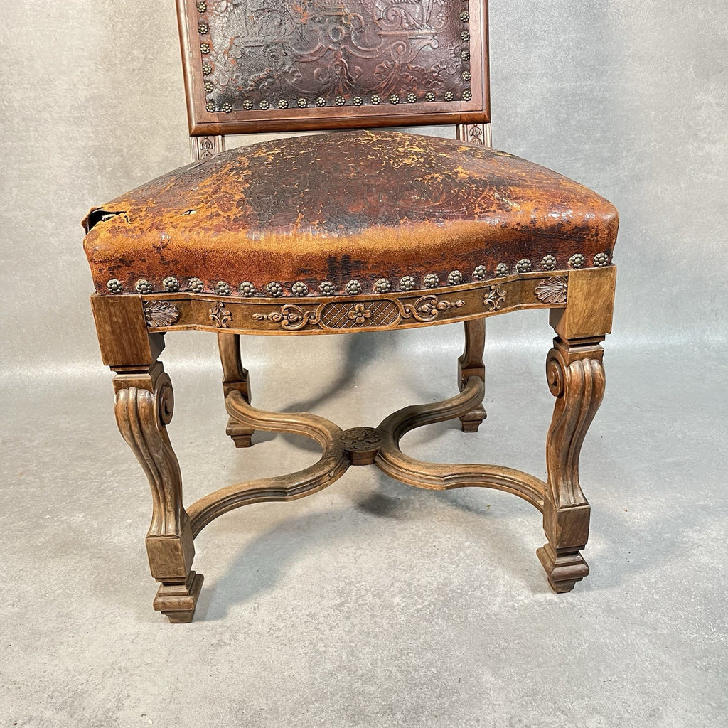 Antique Victorian Renaissance Revival Oak Hall Chair c.1880s Tooled Leather Seat