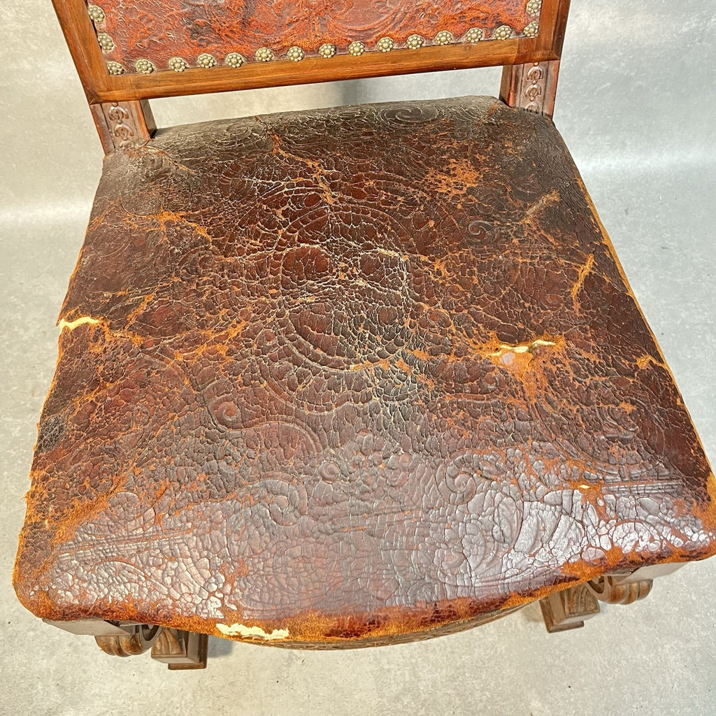 Antique Victorian Renaissance Revival Oak Hall Chair c.1880s Tooled Leather Seat