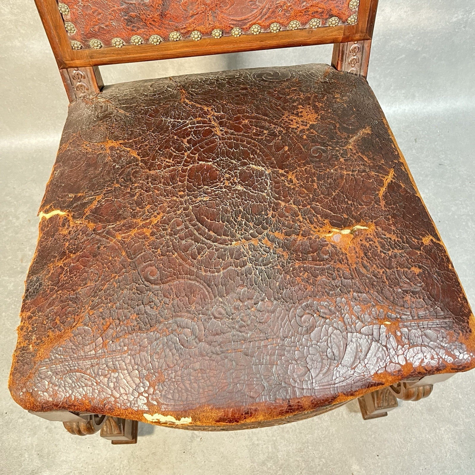Antique Victorian Renaissance Revival Oak Hall Chair c.1880s Tooled Leather Seat
