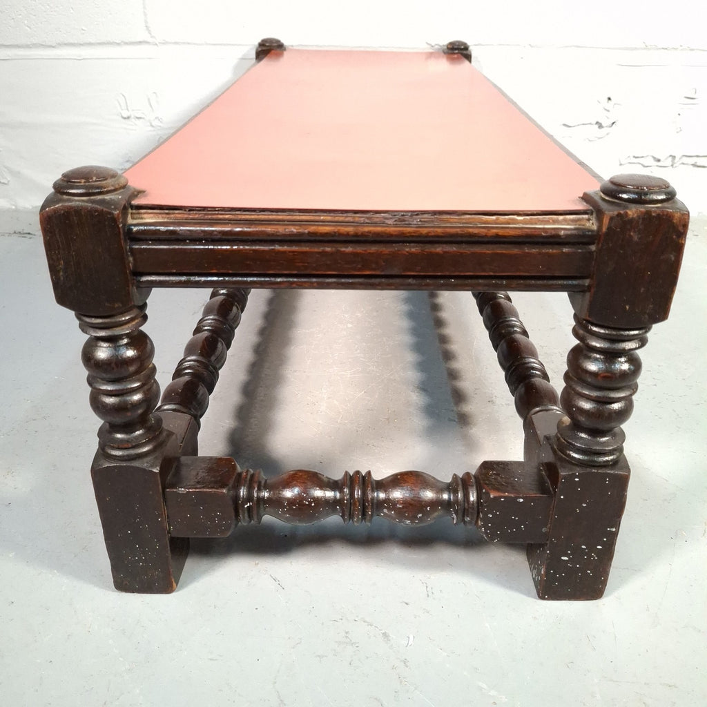Antique Victorian Mahogany Footstool Plant Stand Turned Wood Small Table Red Top
