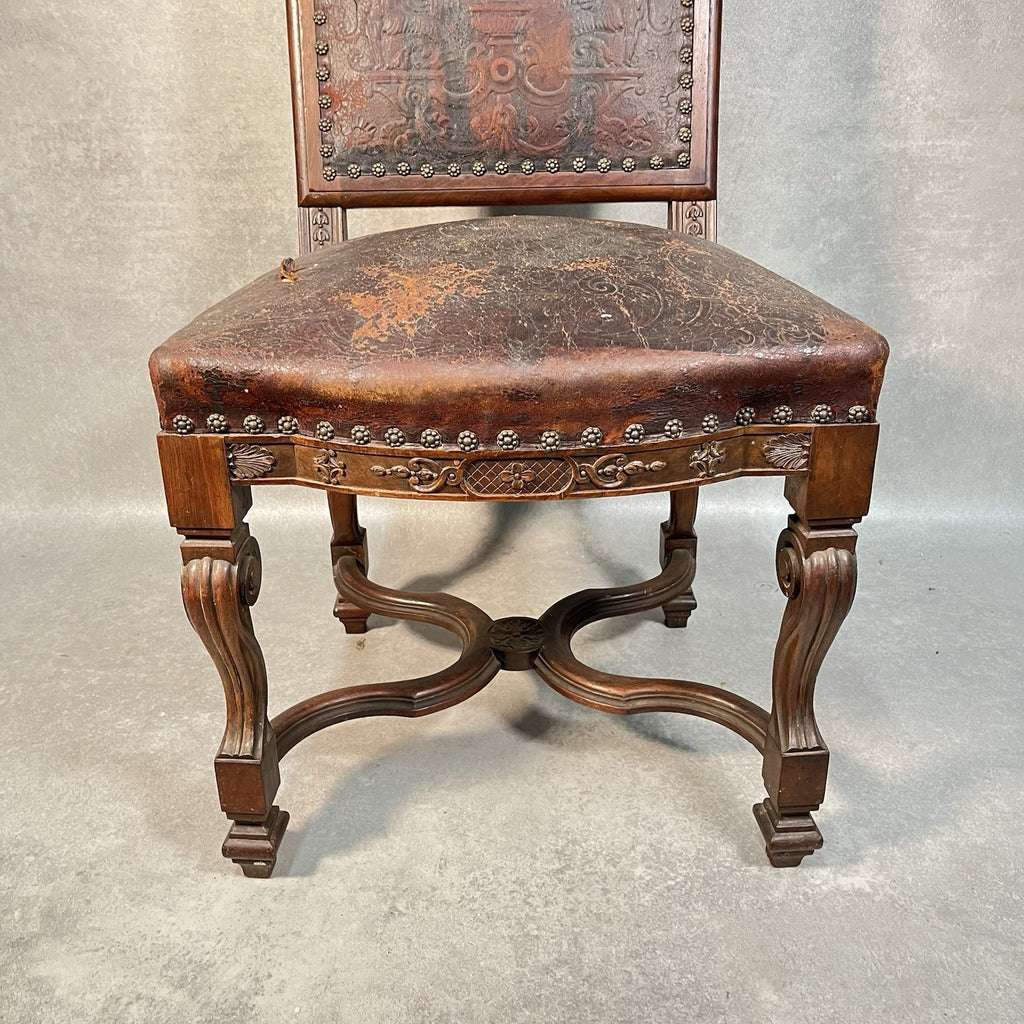 Antique Victorian Renaissance Revival Oak Hall Chair c.1880s Tooled Leather Seat